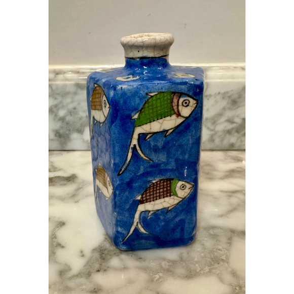 Unbranded Other - Persian Islamic Style Studio Pottery Vase Blue Fish Motif Folk Art Ceramic
